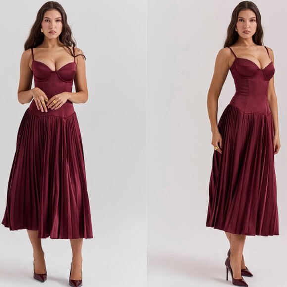 HOUSE OF CB 'Beau' Wine Pleated Midi Dress NWOT - Picture 4 of 10